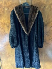 Swedish Vintage Black Lambswool Persian Curly Lamb And Mink Collared Coat Size M