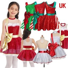 UK Girls Christmas Dance Costume Sparkle Sequins Figure Skating Leotard Dress