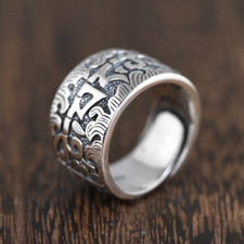 Solid 925 Sterling Silver Stamped Mens Heavy Tibetan Mantra Ring Size Adjustable