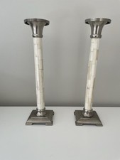 Pair Of Vintage Metal Pillar Candle Holders With Mother of Pearl Candlesticks