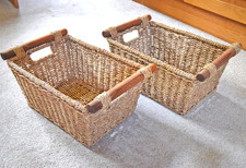 Seagrass Hand Woven Set of 2 Rectangular Storage Baskets with Wooden Handles