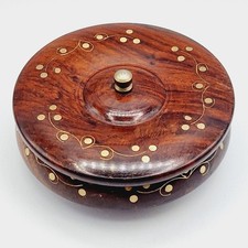 Indian Rosewood Lidded Bowl Hand Carved Brass Inlay