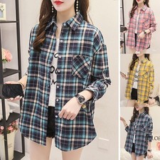 Woman Ladies Long Sleeve Check Blouse Plaid Shirt Button Casual Tops Plus Size@@