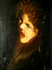 19TH C MACABRE OIL PAINTING, BOY FACING IMMINENT DEATH CONSUMED BY A RAVEN WINGS
