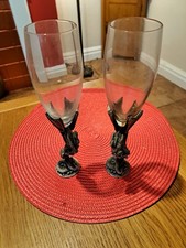 A pair of Myths & Legends Pewter Dragon Wine Glass Flute Goblet..