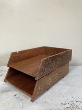 Vintage Wood Brass Inlay Letter Tray A4 File Holder  Desk Storage Tray Stackable