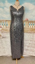 Evening Dress 12 14 Silver Sequin Grey Ballgown Stretch Prom Art Deco Geo Maxi