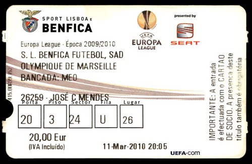Ticket 2010 benfica vs - 2010, sl