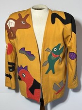 Vintage Girasol Yellow Jacket Appliqué Animals Art To Wear Large Two Pockets
