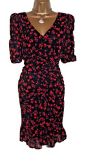 Lipsy Floral Ruched Dress 16 Red Black Puff Sleeve Occasion Summer Bodycon