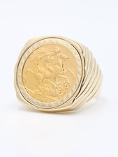 1909 Full Sovereign 22ct Coin Mens Ring Set in 9ct Yellow Gold Feature Setting