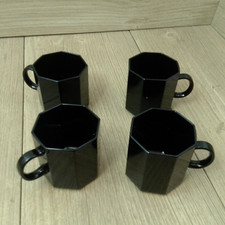 4 Arcoroc Octime Hexagonal Black Glass Tea Coffee Mugs France 7cm Vintage