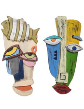 2 PC ABSTRACT Wood Picasso Style Tiki Wall MASKS  Statues Sculpture Home Décor