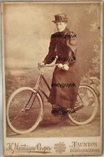 CABINET CARD LADY & BICYCLE CYCLING MONTAGUE COOPER TAUNTON ANTIQUE PHOTO RIDNG