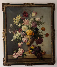 Antique Continental  very large oil painting on canvas Flemish flowers framed
