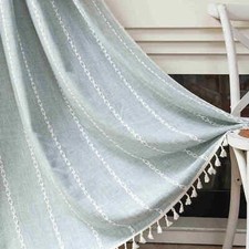 UK Stripe Curtain Panel Slot Top Checked Cotton Linen Textured Curtains Tassels
