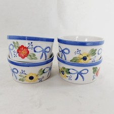 Studio Pottery Ramekins x4 Souffle Dish Hand Painted Flowers Bows Blue White 9cm