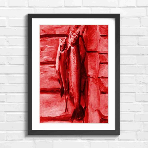 Vintage salmon fishing art - vintage, red