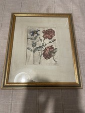 Vintage gilt framed Hand Colored Floral Botanical Engraving picture cottagecore