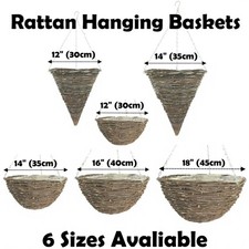 Rattan Natural Wicker Hanging Baskets 12" 14" 16" 18" Round Coned Lined Planter