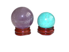 Lot of 2 Small Gemstone Orb / Ball Ornaments on Stand Amethyst Turquoise