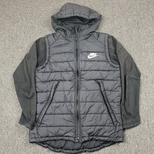Nike Jacket Mens Medium Black Grey Hooded Hybrid Quilted Puffer Full Zip Swoosh