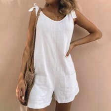 Womens Summer Linen Cotton Jumpsuit Dungarees Pocket Shorts Playsuit Overalls