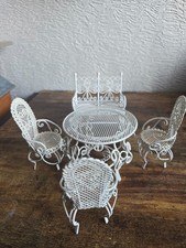 doll  house furniture white ornate metal round table and 3 chairs/bench   1.12th