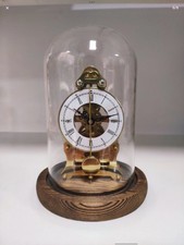 Wind Up Skeleton Clock With Wooden Base & Glass Dome 