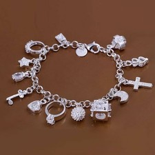 925 Sterling Silver Charm Bracelet fancy Charms Chain Link 8" Free Gift Bag