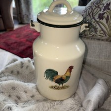 Vintage Chicken  Tall Enamel Milk Can / Carrier - Wooden Handle