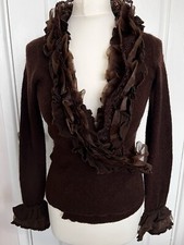 Brown Cardigan Boho Wool blend Uk size S/M/10 Ruffle Lace, Wrap Over. Italy
