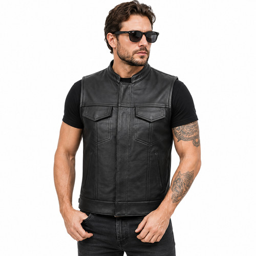 Men classic leather vest black - leather,