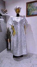 WOMEN WHITE GOLD BOUBOU BUBU KAFTAN AFRICAN BROCADE MIKADO Dress &Free Headband 
