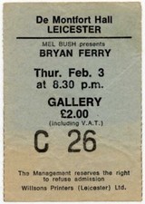 Bryan Ferry Roxy Music De Montfort Hall, Leicester 3/2/77 Ticket