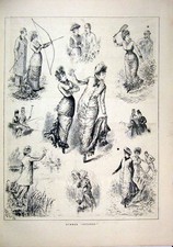 Original Old Antique Print 1879 Summer Outings Archer Sport Rain River Boat 19th