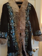 Vintage 70s Black Afghan Sheepskin Suede Embroidered Coat 