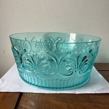 Vtg Large Fruit Salad Mixing Serving Bowl Ornate Teal Transparent Plastic D10”