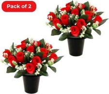 Grave Flower Pots with 12 Red Artificial Flowers for Memorial & Cemetery Decor