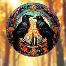 Raven Crow Candle Design Suncatcher Stained Glass Effect Home Decor Gothic