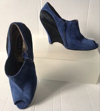 Cleo B Royal Blue Suede Peep Toe Designer Wedge Black Ponyskin EU 37 UK 4 VGC