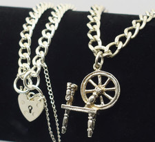 2 Sterling Silver Charm Bracelets – Flat Curb with Spinning Wheel, Heart Padlock