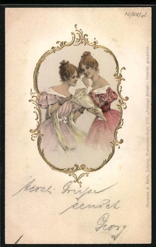 Embossed postcard two ladies - postcard:,