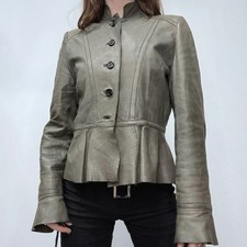 khaki leather high neck baroque jacket