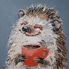 Oil Painting of Hedgehog Enjoying a Cup of Coffee, Wildlife Original Painting