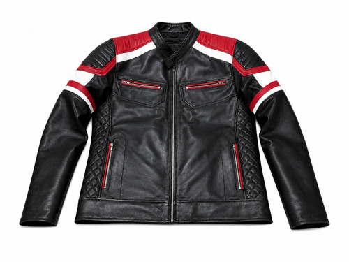 Men black leather motorcycle - black,