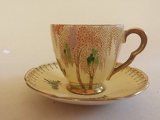Carlton Ware Yellow Art Deco Lustre 'New Stork' Gilded Coffee Cup +Saucer