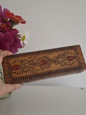 Vintage Handmade Wooden Pokerwork Box of Draughts Game Pieces Wooden