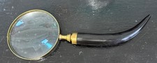 Unusual Antique Heavy Magnifying Glass With Brass Fittings & Carved Handle 11”