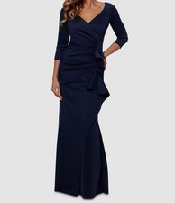 Xscape Women's Blue Scuba Crepe Ruffle V-Neck 3/4-Sleeve Dress Size: 12